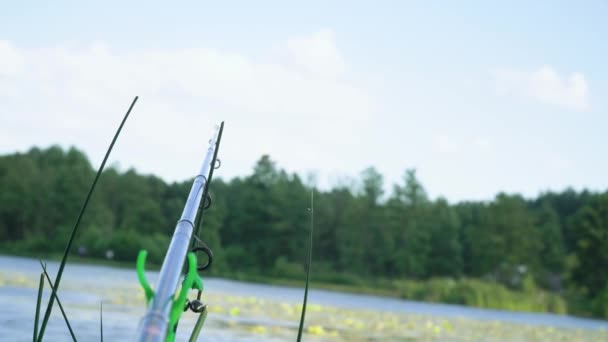 Fishing rod on the lake in summer day. Professional fishing rod waiting for bites on water river — Stock Video