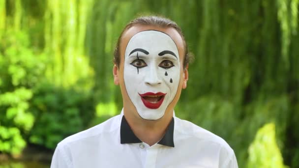 Close-up of a mime looking at the camera and smiling on green background in a park. Emotion of joy — Stock Video