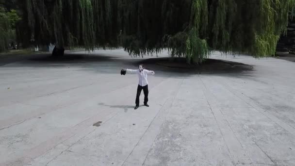 Вид с воздуха на забавные танцы мимов на открытом воздухе — стоковое видео