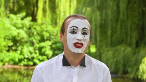 Mime on the park shows pantomime. Emotion abomination — Stock Video