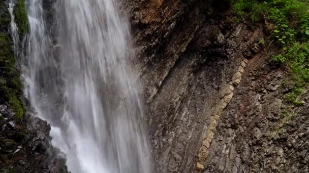 Beautiful waterfall in summer. A fast waterfall. View of the waterfall from below — Stock Video