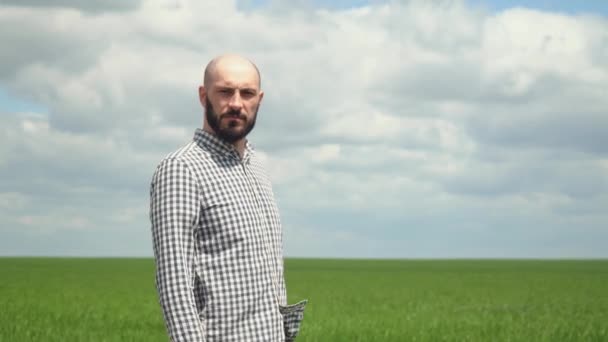 Портрет фермера с бородой, смотрящего в камеру на пшеничном поле. Фермер изучает поле зерновых культур — стоковое видео