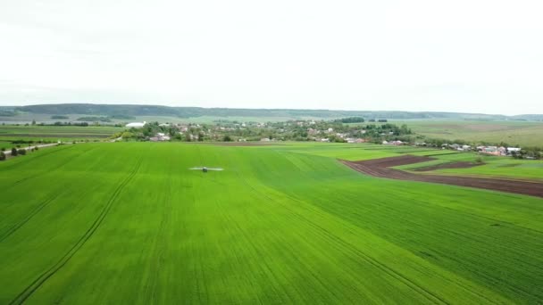 Landbouwmachines die insecticide spuiten op het groene veld, agrarische natuurlijke seizoensgebonden lentewerken — Stockvideo