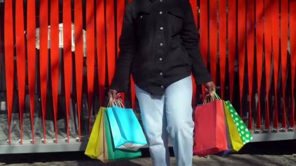 Fille africaine avec des sacs à provisions marchant dans une ville sur un fond rouge. Sac à provisions — Video