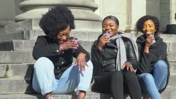Três jovens meninas americanas africanas felizes bebendo café de xícara de papel sentado nos degraus — Vídeo de Stock