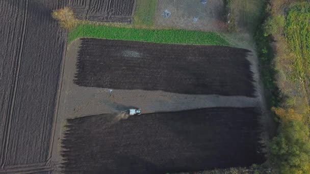 Veduta aerea delle operazioni agricole finali del vecchio trattore sul campo in autunno — Video Stock