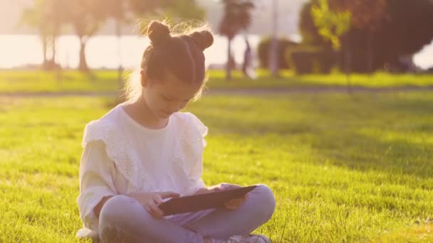 Kleines Mädchen spielt Minecraft auf Tablet in einem Park an einem sonnigen Sommertag — Stockvideo