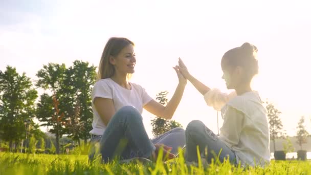 Junge Frau mit Tochter an einem Sommertag im Park. Konzept einer glücklichen Familie und Kindheit — Stockvideo