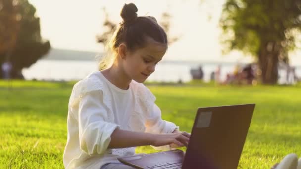 Bambina che gioca Minecraft sul computer portatile in un parco in una giornata estiva soleggiata — Video Stock