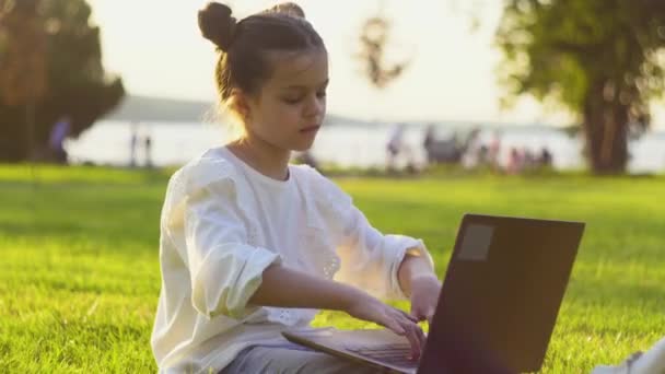 Little girl is studying online on laptop in a park on a sunny summer day — Stock Video