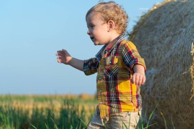 Küçük sarı saçlı çocuk buğday tarlasında balyalarla oynuyor.