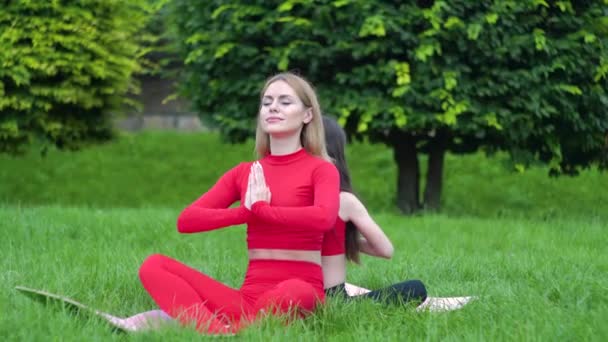 Ung kaukasisk kvinna med dotter avkopplande genom att utöva yoga i parken nära sjön — Stockvideo