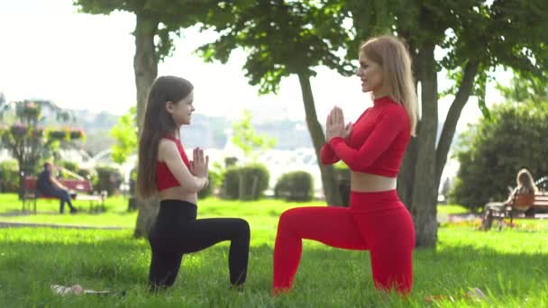 Woman with daughter standing in yoga warrior pose in nature — Stock Video