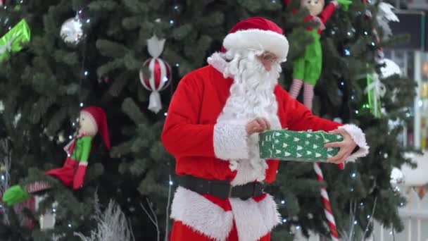 Der Weihnachtsmann steht mit Geschenk auf dem Einkaufszentrum und blickt in die Kamera — Stockvideo