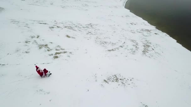 Babbo Natale cavalca in slitta sulla riva innevata dell'oceano — Video Stock