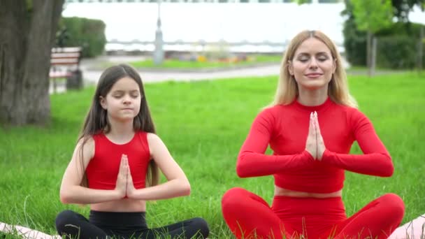 Frau mit Tochter beim Yoga im Park. Gesunder Lebensstil — Stockvideo