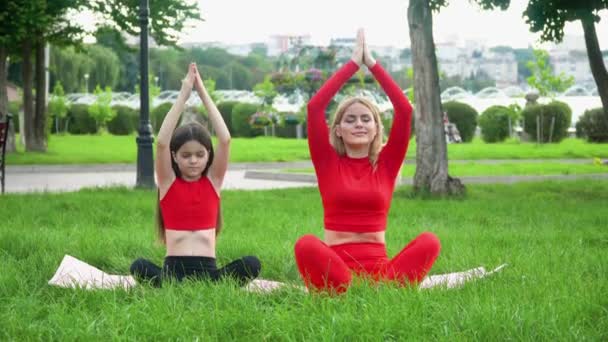 Mujer con hija disfrutando del yoga en el parque. Concepto de estilo de vida saludable. Fin de la cuarentena — Vídeo de stock