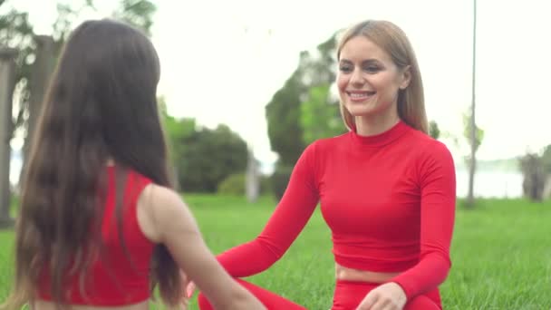 Mor og datter praktiserer yoga i parken – Stock-video