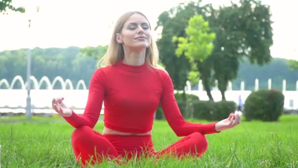 Kvinna i rött utövar yoga i parken. Långsamma rörelser — Stockvideo