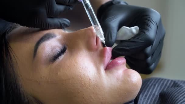 Aumento de labios. El médico cosmetólogo realiza el procedimiento en el consultorio de cosmetología. Primer plano, cara femenina. Cirugía plástica — Vídeo de stock