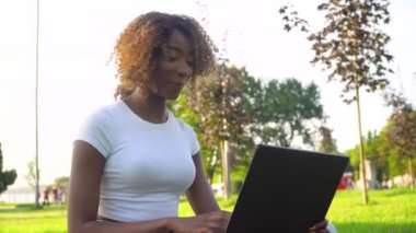 Gülümseyen Afrikalı genç kadın blogcu parkta oturup kameraya bakarak konuşuyor video konferansı çağrısı yapıyor yaşam tarzı blog konseptini kaydediyor