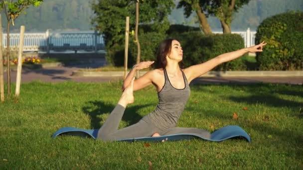 Young woman practices yoga at park near the lake. Healthy lifestyle concept — Stock Video