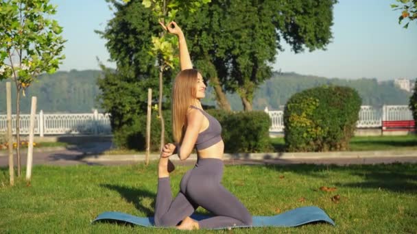 Jovem pratica ioga no parque perto do lago. Conceito de estilo de vida saudável — Vídeo de Stock