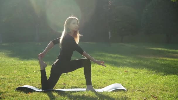Genç bir kadın parkta yoga yapıyor. Sağlıklı yaşam tarzı kavramı — Stok video
