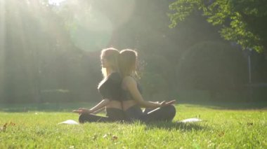 Parkta yoga yaparak rahatlayan iki beyaz kadın. Sağlıklı yaşam tarzı kavramı. Parkta spor yapan iki kadın.