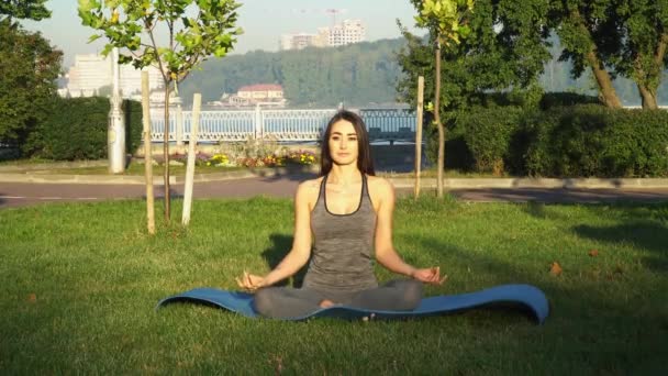 Jovem pratica ioga no parque perto do lago. Conceito de estilo de vida saudável — Vídeo de Stock