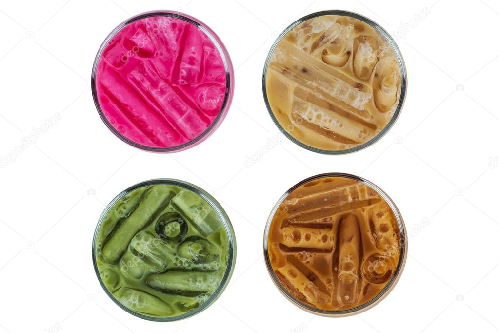 Collection of iced beverage top view. Including Iced Sweet Pink Milk, Iced Coffee Latte, Iced Green Tea Matcha Milk, Iced Sweet Thai Tea, with Ice cubes. Isolate on white with clipping path.