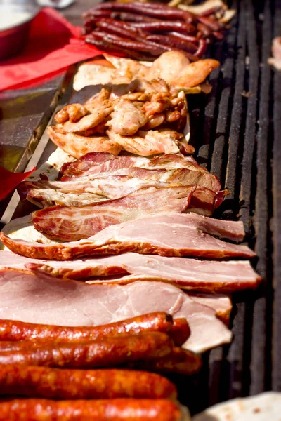 准备美味的食物 如香肠 猪肉和鸡肉肉 — 图库照片