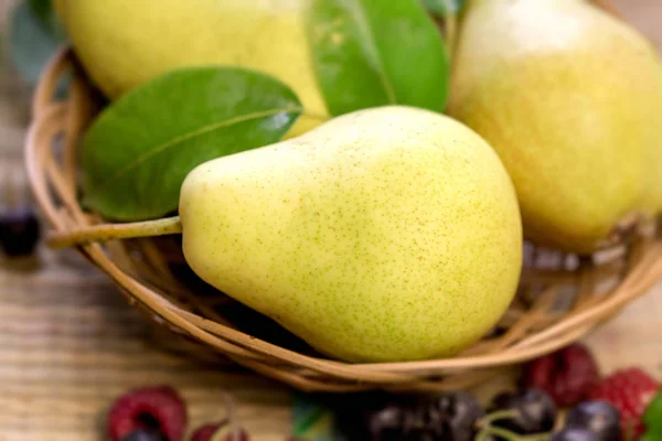 Poire Biologique Poires Fraîches Délicieuses Dans Panier Osier — Photo