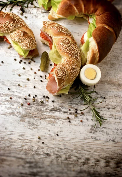 Delicious Sandwich Prosciutto Sausage Homemade Sandwich Rustic Table — Stock Photo, Image