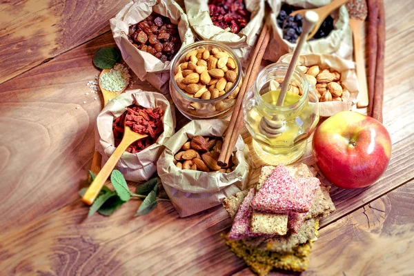Comida Orgânica Saudável Comida Vegetariana Saudável Mesa Madeira — Fotografia de Stock