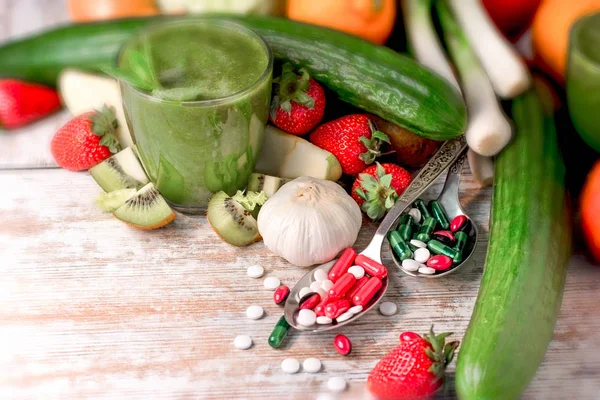 Frutas Orgânicas Vegetais Bebidas Saudáveis Bebidas Suplementos Nutricionais Dieta Adequada — Fotografia de Stock