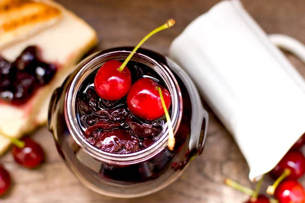 Cherry Jam Készült Friss Bio Cseresznye Cherry Jam Lekvár Jar — Stock Fotó
