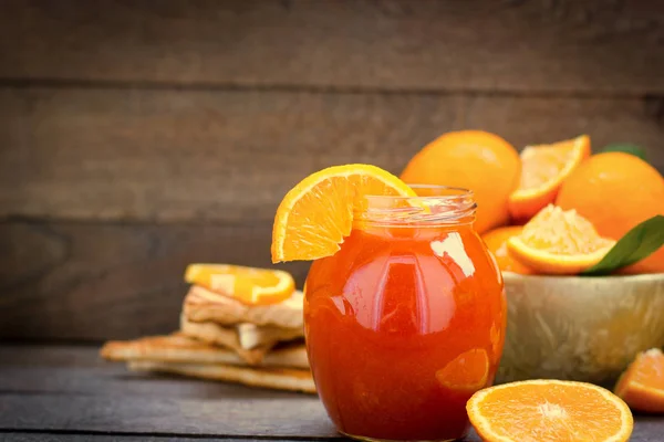Sweet Delicious Orange Marmlade Orange Jam Jar Rustic Table — Stock Photo, Image