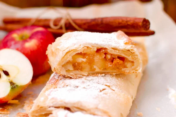 Apple cake sprinkled with powdered sugar, aple cake cake close up