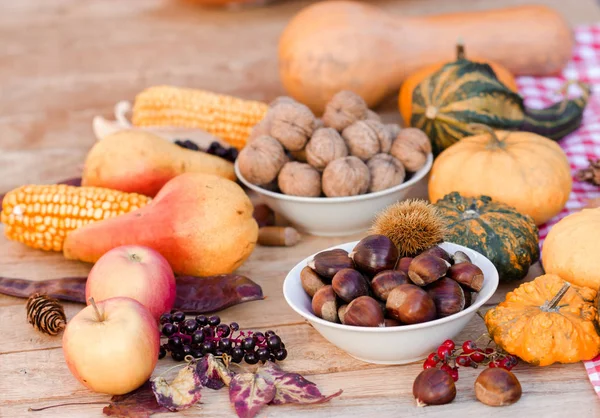 Skörd Bordet Hälsosam Säsongsbetonad Frukt Och Grönsak Thanksgiving — Stockfoto