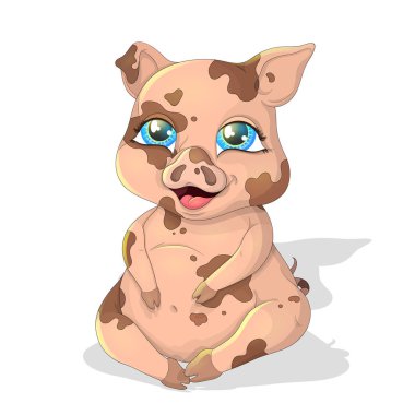 Vektör çizim komik karikatür benekli domuz beyaz bir arka plan üzerinde oturur.