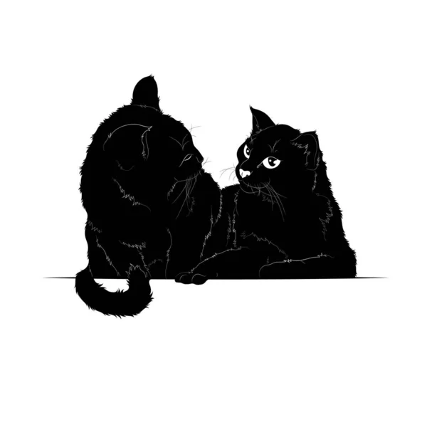 Illustrazione Vettoriale Silhouette Nera Gatti Compagnia Sdraiati Che Guardano Altro — Vettoriale Stock