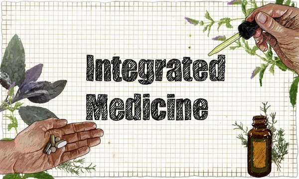 Illustration of Integrated Medicine, Plants and Medicine on Blackboard with Pipette, Tablets and Herbs