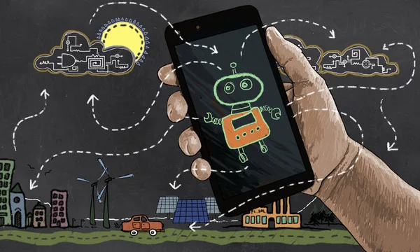 Die Zukunftstechnologie Automatisiert Erneuerbare Energien Illustriert Klassischen Zeichenstil Mit Roboter — Stockfoto