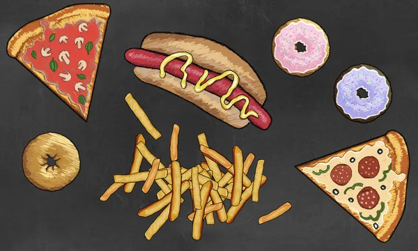 垃圾食品 Dougnuts 比萨饼和热狗在黑板上插图 免版税图库图片