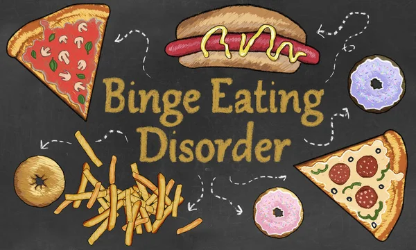 Binge Eating Störung Veranschaulicht Mit Junk Food Wie Pizza Pommes lizenzfreie Stockbilder