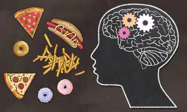 Fast Food ve beyin aktivitesi Brown yazı tahtası üzerinde klasik çizim tarzı ile resimli bağımlılığı