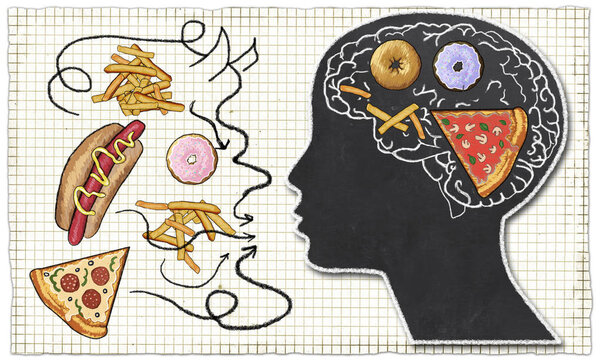 Зависимость, проиллюстрированная фаст-фудом и мозгом в классическом стиле рисования на бумаге и еде за пределами женской головы, изображает злого, абстрактного Дьявола нездоровой пищи
