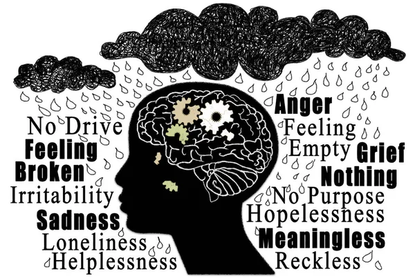 Depression Koncept Med Word Cloud Och Humanbeing Med Trasig Hjärna — Stockfoto