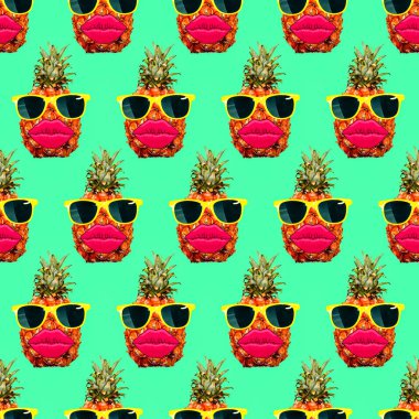 Kesintisiz moda ananas desen. Ambalaj Kağıt, posterler, kumaş baskı tişört, tebrik kartları için kullanın. En az düz yatıyordu. Pop art